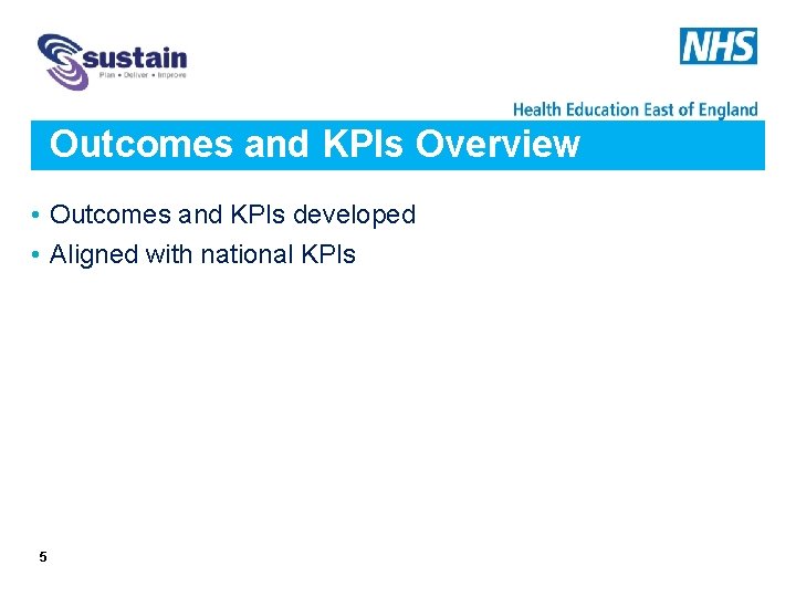 Outcomes and KPIs Overview • Outcomes and KPIs developed • Aligned with national KPIs