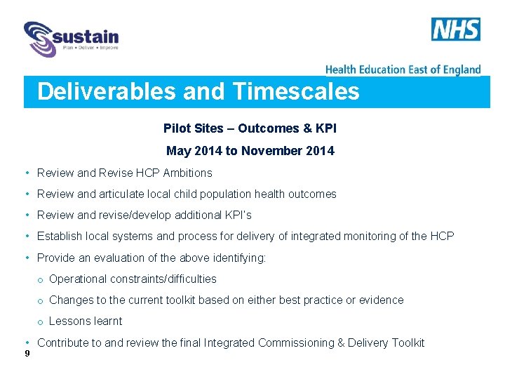 Deliverables and Timescales Pilot Sites – Outcomes & KPI May 2014 to November 2014