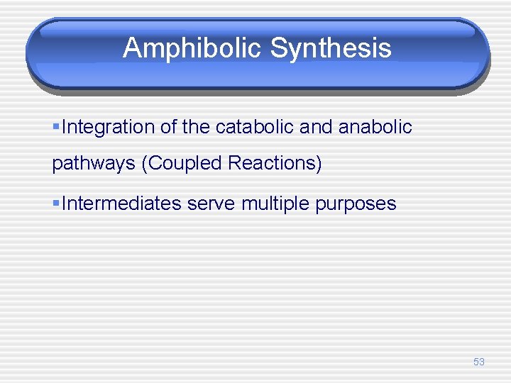 Amphibolic Synthesis §Integration of the catabolic and anabolic pathways (Coupled Reactions) §Intermediates serve multiple