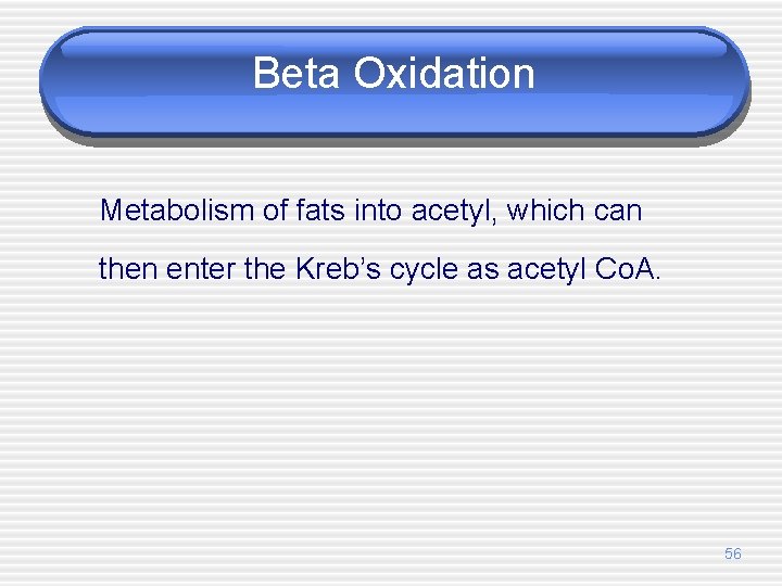 Beta Oxidation Metabolism of fats into acetyl, which can then enter the Kreb’s cycle