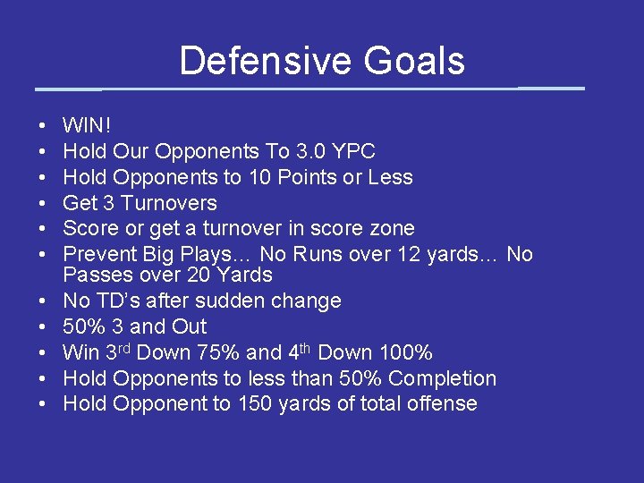 Defensive Goals • • • WIN! Hold Our Opponents To 3. 0 YPC Hold