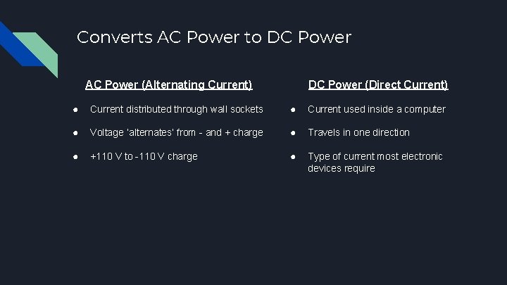 Converts AC Power to DC Power (Direct Current) AC Power (Alternating Current) ● Current