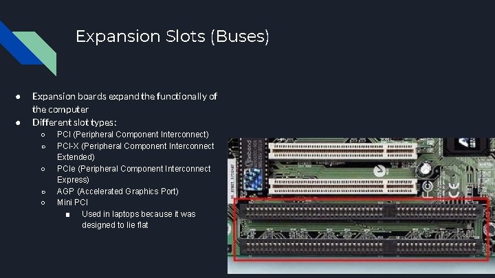 Expansion Slots (Buses) ● ● Expansion boards expand the functionally of the computer Different