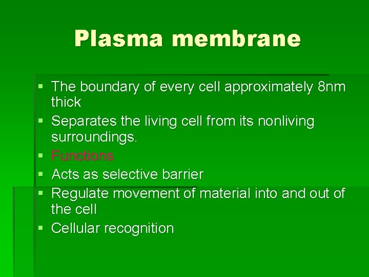 Plasma membrane § The boundary of every cell approximately 8 nm thick § Separates