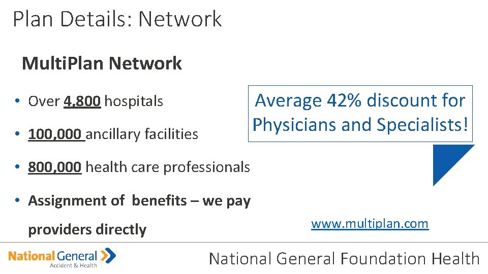 Plan Details: Network Multi. Plan Network • Over 4, 800 hospitals Average 42% discount