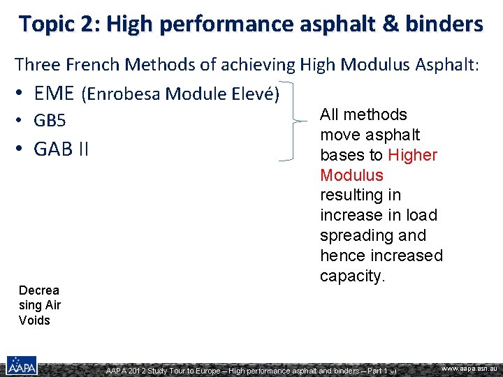 Topic 2: High performance asphalt & binders Three French Methods of achieving High Modulus