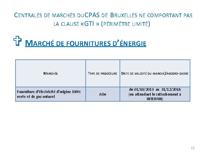 CENTRALES DE MARCHÉS DU CPAS DE BRUXELLES NE COMPORTANT PAS LA CLAUSE « GTI