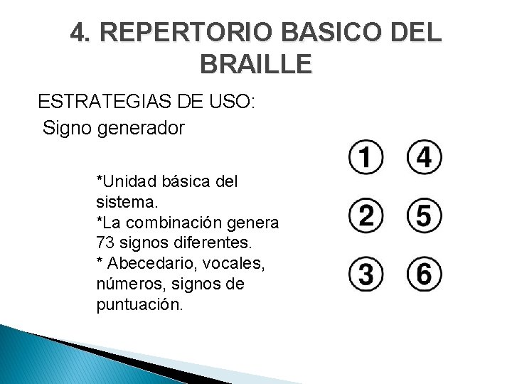 4. REPERTORIO BASICO DEL BRAILLE ESTRATEGIAS DE USO: Signo generador *Unidad básica del sistema.