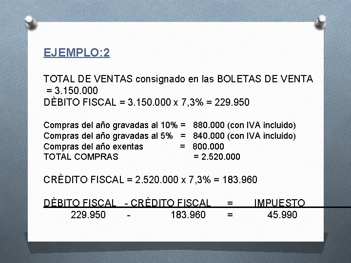 EJEMPLO: 2 TOTAL DE VENTAS consignado en las BOLETAS DE VENTA = 3. 150.