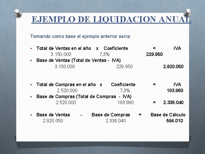 EJEMPLO DE LIQUIDACION ANUAL Tomando como base el ejemplo anterior seria: Total de Ventas