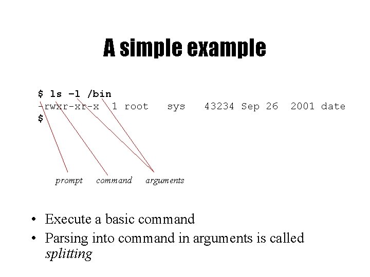 A simple example $ ls –l /bin -rwxr-xr-x 1 root $ prompt command sys