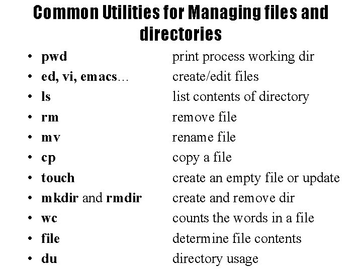Common Utilities for Managing files and directories • • • pwd ed, vi, emacs…
