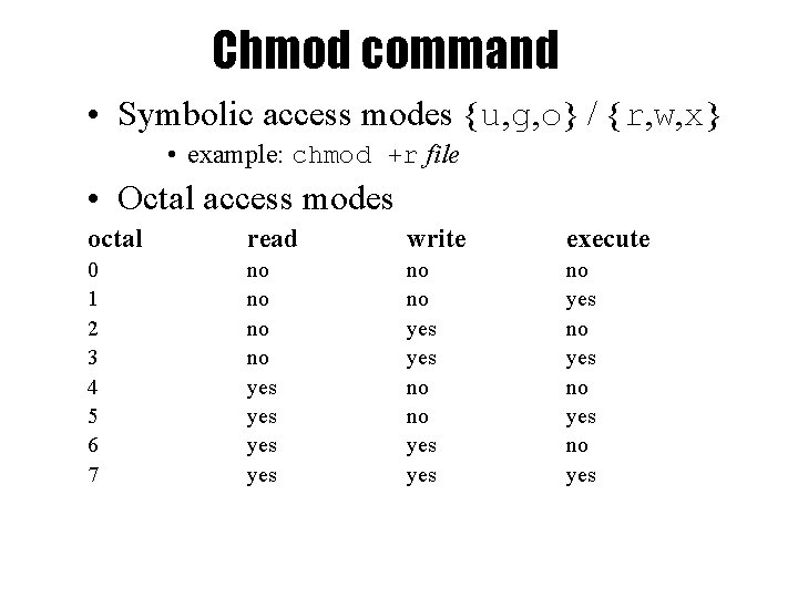 Chmod command • Symbolic access modes {u, g, o} / {r, w, x} • Chmod command • Symbolic access modes {u, g, o} / {r, w, x} •