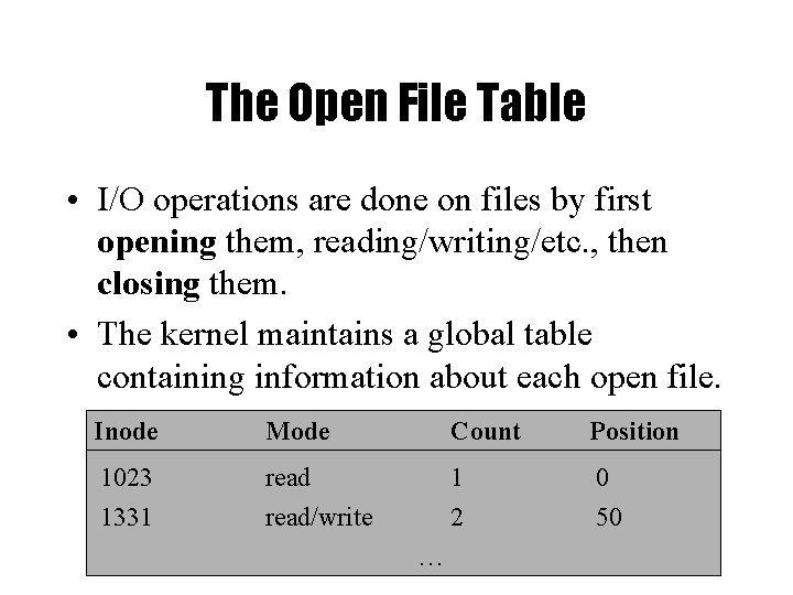 The Open File Table • I/O operations are done on files by first opening