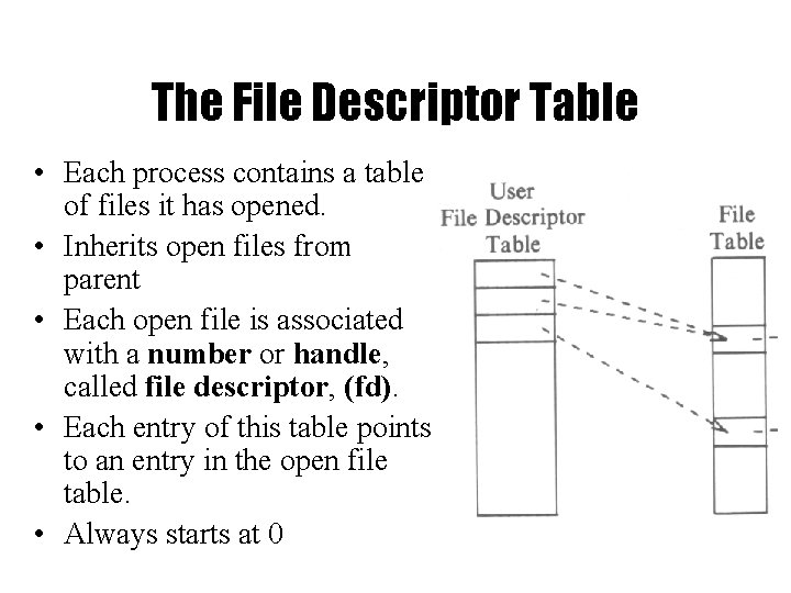 The File Descriptor Table • Each process contains a table of files it has