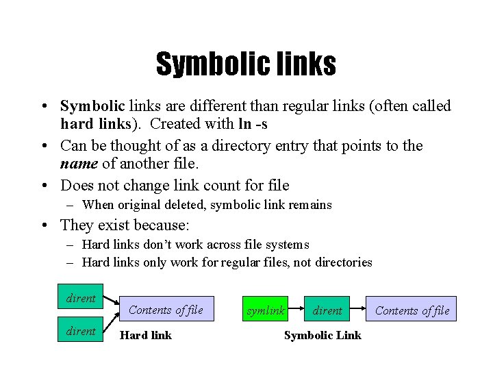 Symbolic links • Symbolic links are different than regular links (often called hard links).