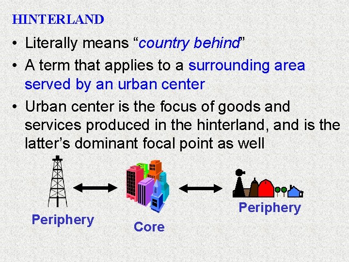 HINTERLAND • Literally means “country behind” • A term that applies to a surrounding