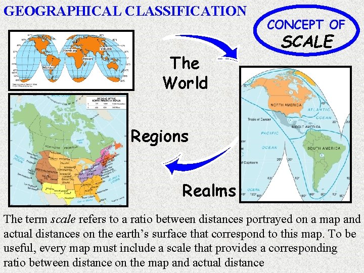 GEOGRAPHICAL CLASSIFICATION The World CONCEPT OF SCALE Regions Realms The term scale refers to