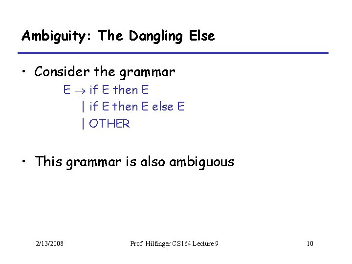 Ambiguity: The Dangling Else • Consider the grammar E if E then E |