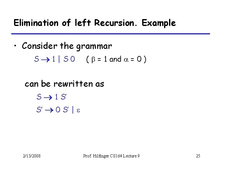 Elimination of left Recursion. Example • Consider the grammar S 1 | S 0