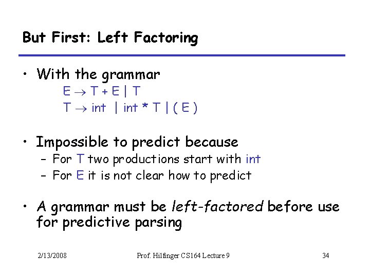 But First: Left Factoring • With the grammar E T+E|T T int | int