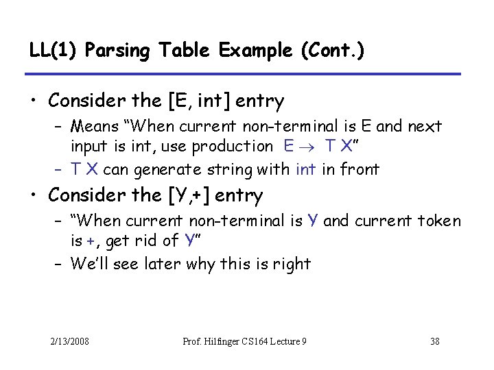 LL(1) Parsing Table Example (Cont. ) • Consider the [E, int] entry – Means