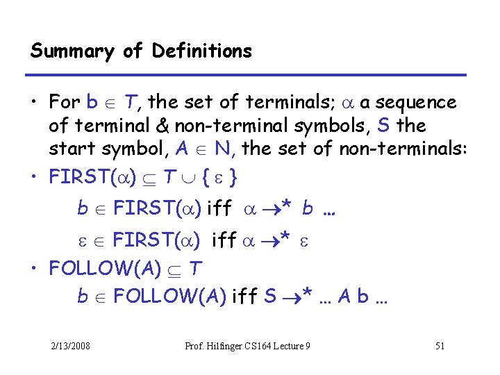 Summary of Definitions • For b T, the set of terminals; a sequence of