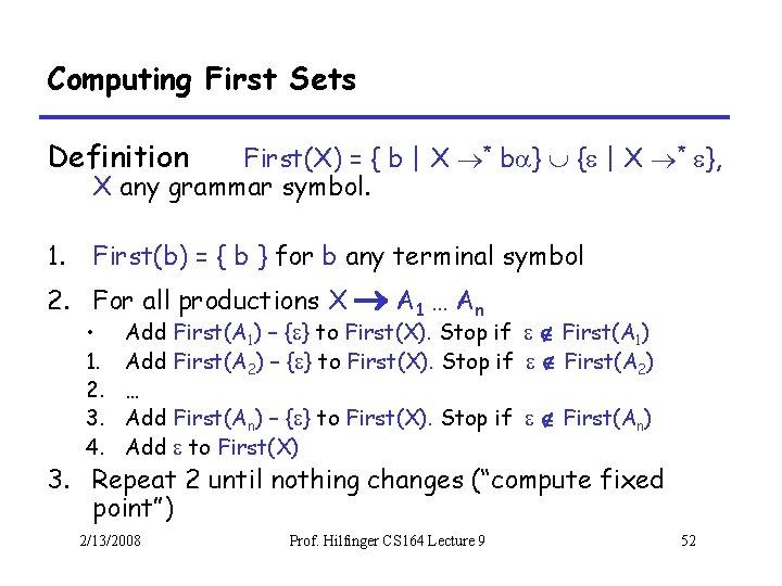 Computing First Sets Definition First(X) = { b | X * b } {