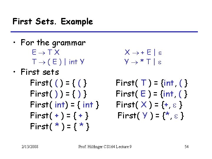 First Sets. Example • For the grammar E TX T ( E ) |