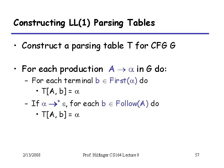 Constructing LL(1) Parsing Tables • Construct a parsing table T for CFG G •