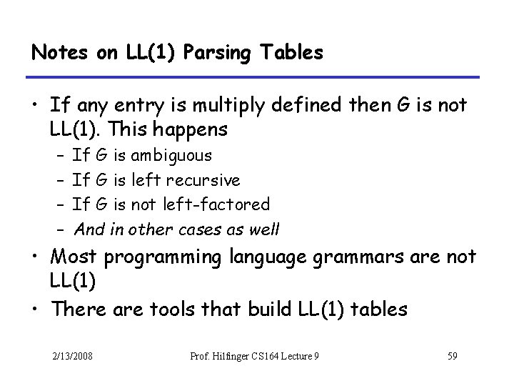 Notes on LL(1) Parsing Tables • If any entry is multiply defined then G