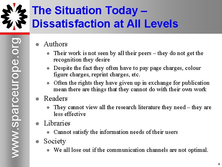 www. sparceurope. org The Situation Today – Dissatisfaction at All Levels l Authors l