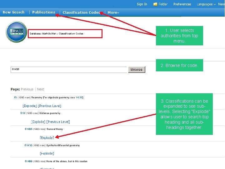 Database: Math. Sci. Net – Classification Codes 1. User selects authorities from top menu.