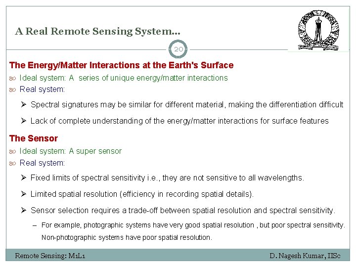 A Real Remote Sensing System… 20 The Energy/Matter Interactions at the Earth's Surface Ideal