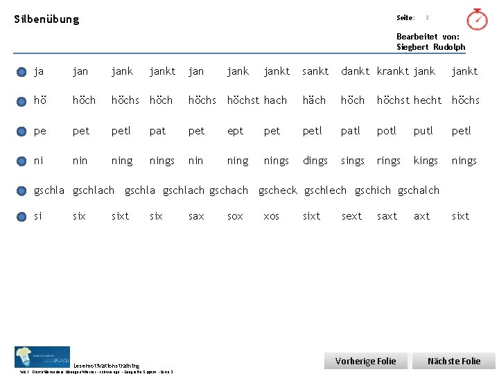 Übungsart: Silbenübung Seite: Titel: Quelle: 2 Bearbeitet von: Siegbert Rudolph ja jank hö höch