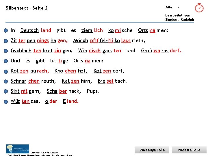 Übungsart: Silbentext – Seite 2 Seite: 6 Bearbeitet von: Siegbert Rudolph In Deutsch land