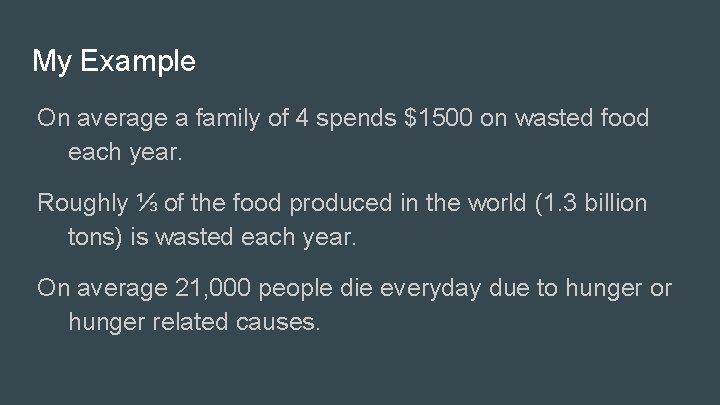 My Example On average a family of 4 spends $1500 on wasted food each