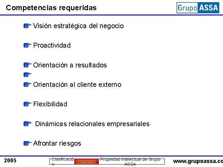 Competencias requeridas Visión estratégica del negocio Proactividad Orientación a resultados Orientación al cliente externo