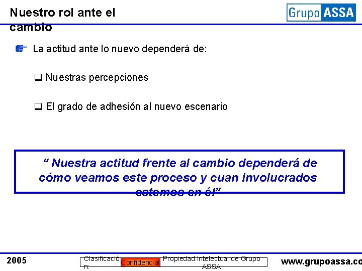 Nuestro rol ante el cambio La actitud ante lo nuevo dependerá de: q Nuestras