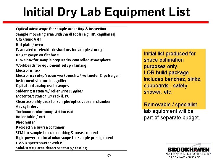 Initial Dry Lab Equipment List Optical microscope for sample mounting & inspection Sample mounting