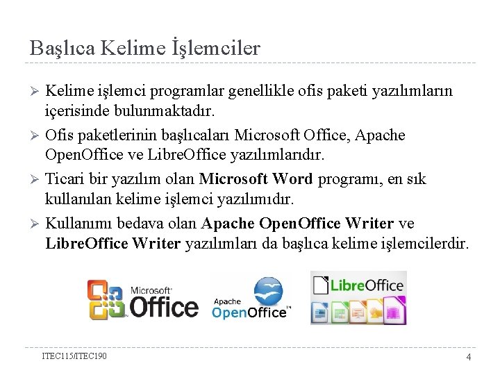 Başlıca Kelime İşlemciler Kelime işlemci programlar genellikle ofis paketi yazılımların içerisinde bulunmaktadır. Ø Ofis