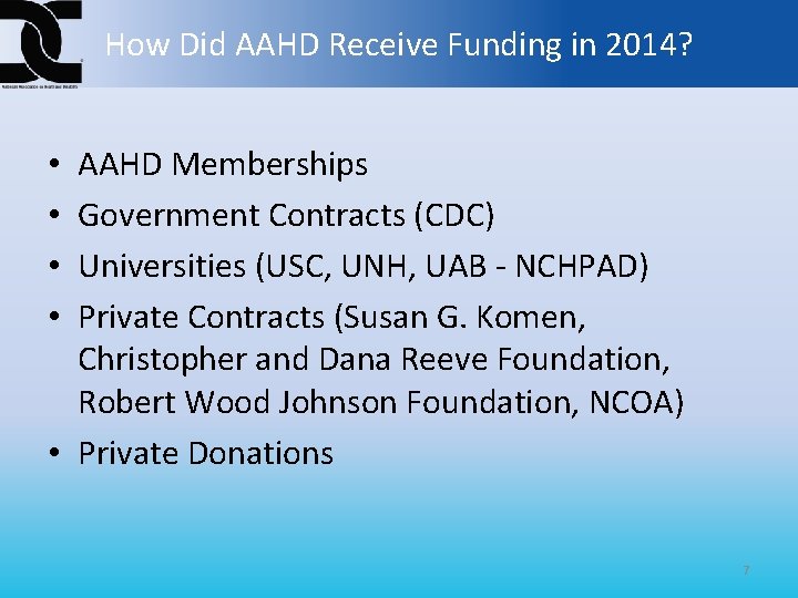 How Did AAHD Receive Funding in 2014? AAHD Memberships Government Contracts (CDC) Universities (USC,