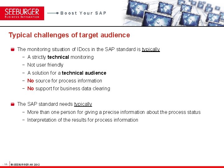 Boost Your SAP Typical challenges of target audience The monitoring situation of IDocs in