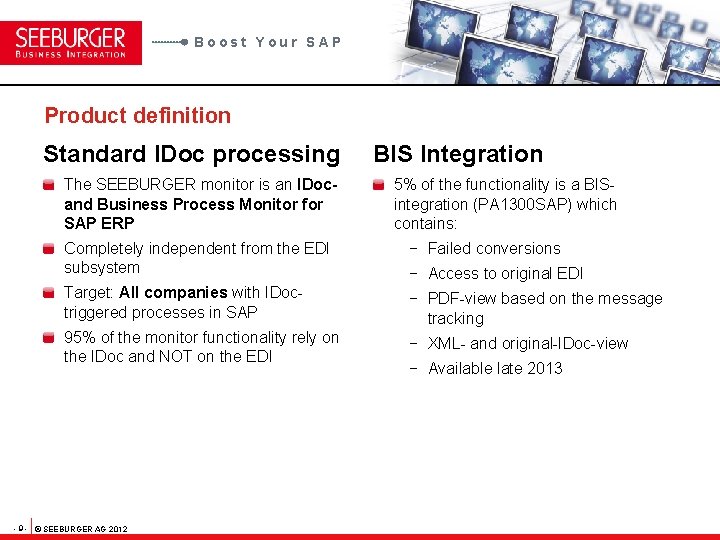 Boost Your SAP Product definition Standard IDoc processing The SEEBURGER monitor is an IDocand