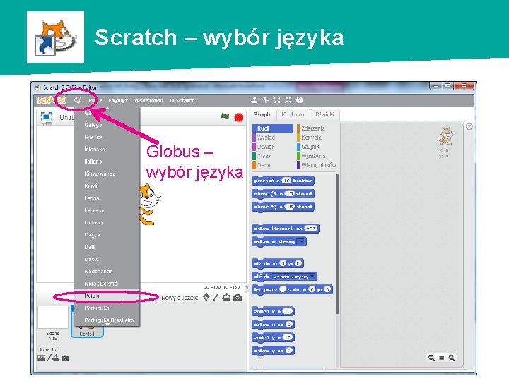 Scratch – wybór języka Globus – wybór języka 