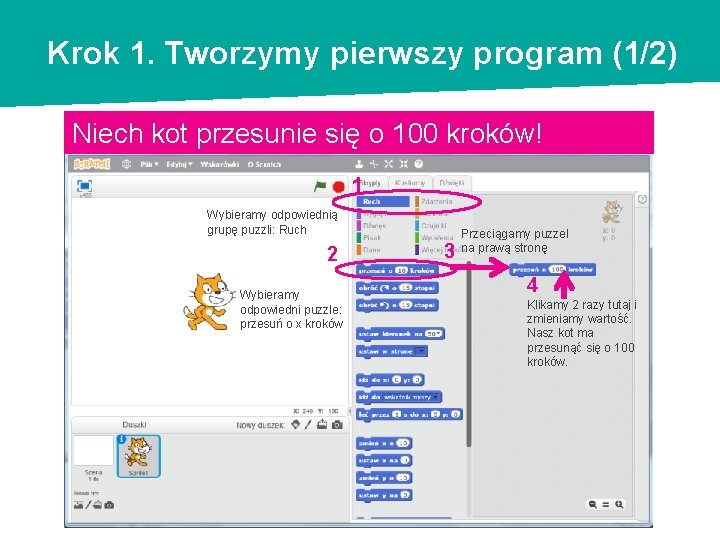Krok 1. Tworzymy pierwszy program (1/2) Niech kot przesunie się o 100 kroków! 1