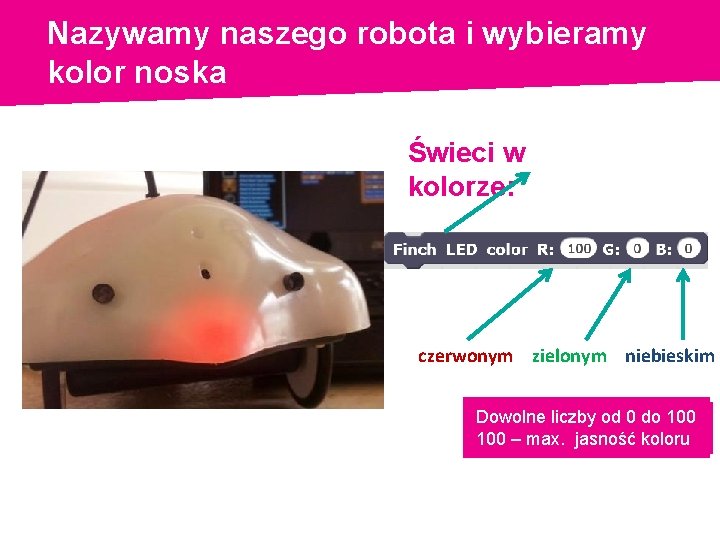Nazywamy naszego robota i wybieramy kolor noska Świeci w kolorze: czerwonym zielonym niebieskim Dowolne