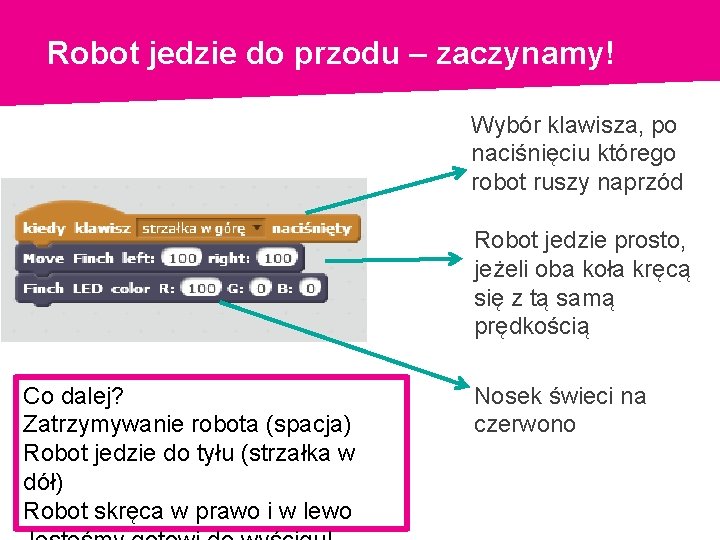 Robot jedzie do przodu – zaczynamy! Wybór klawisza, po naciśnięciu którego robot ruszy naprzód