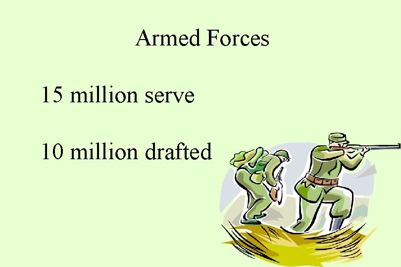 Armed Forces 15 million serve 10 million drafted 