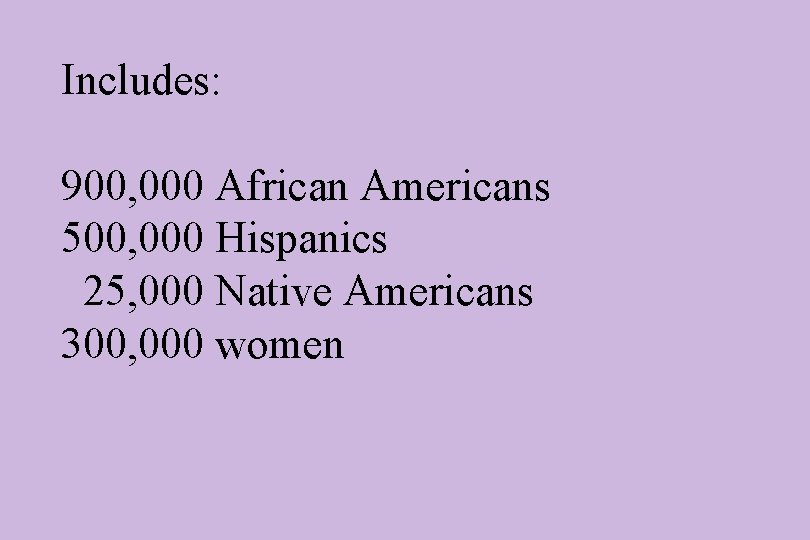 Includes: 900, 000 African Americans 500, 000 Hispanics 25, 000 Native Americans 300, 000